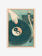Illustrative print of a hand with red nails over a vinyl record with a Yin Yang symbol on a DJ turntable