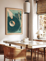 Illustrative print of a hand with red nails over a vinyl record with a Yin Yang symbol on a DJ, in a styled room mockup