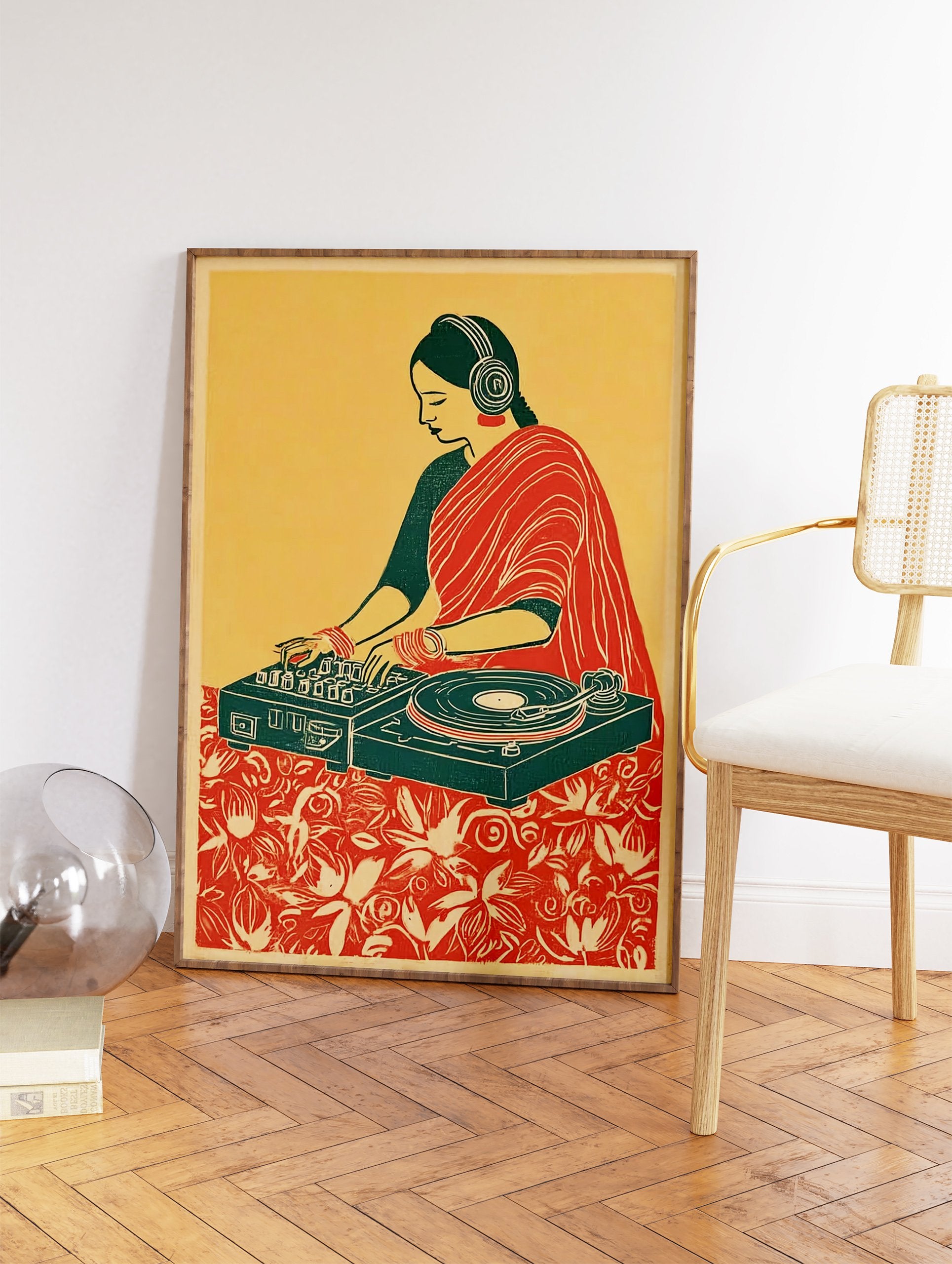 Illustrated DJ wall art featuring an Indian woman in a red sari and headphones, mixing music on a turntable. - Image 2