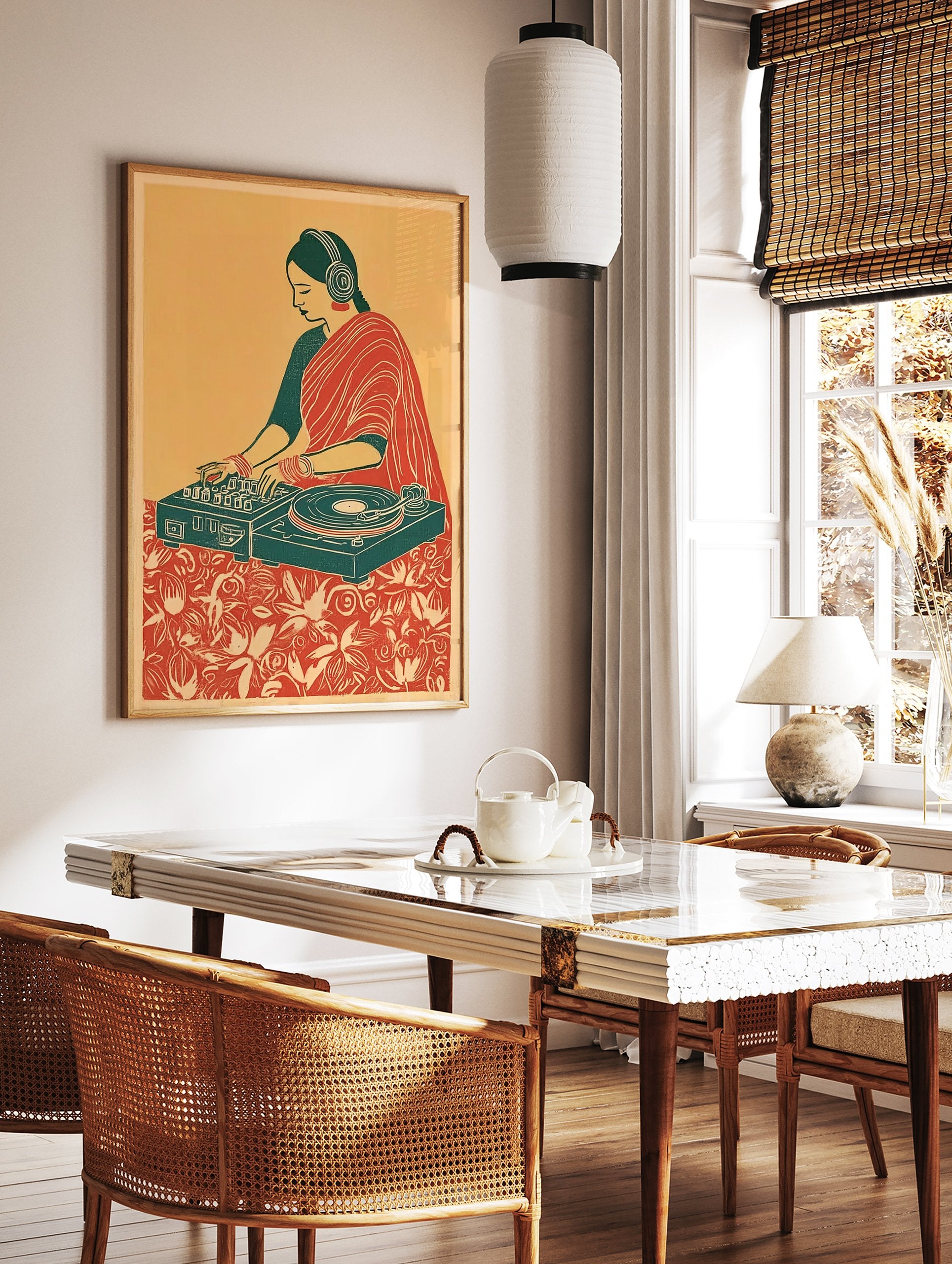 Illustrated DJ wall art featuring an Indian woman in a red sari and headphones, mixing music on a turntable. - Image 3