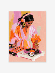 Painterly illustration of a female DJ wearing headphones mixing on turntables in vibrant pink and orange tones