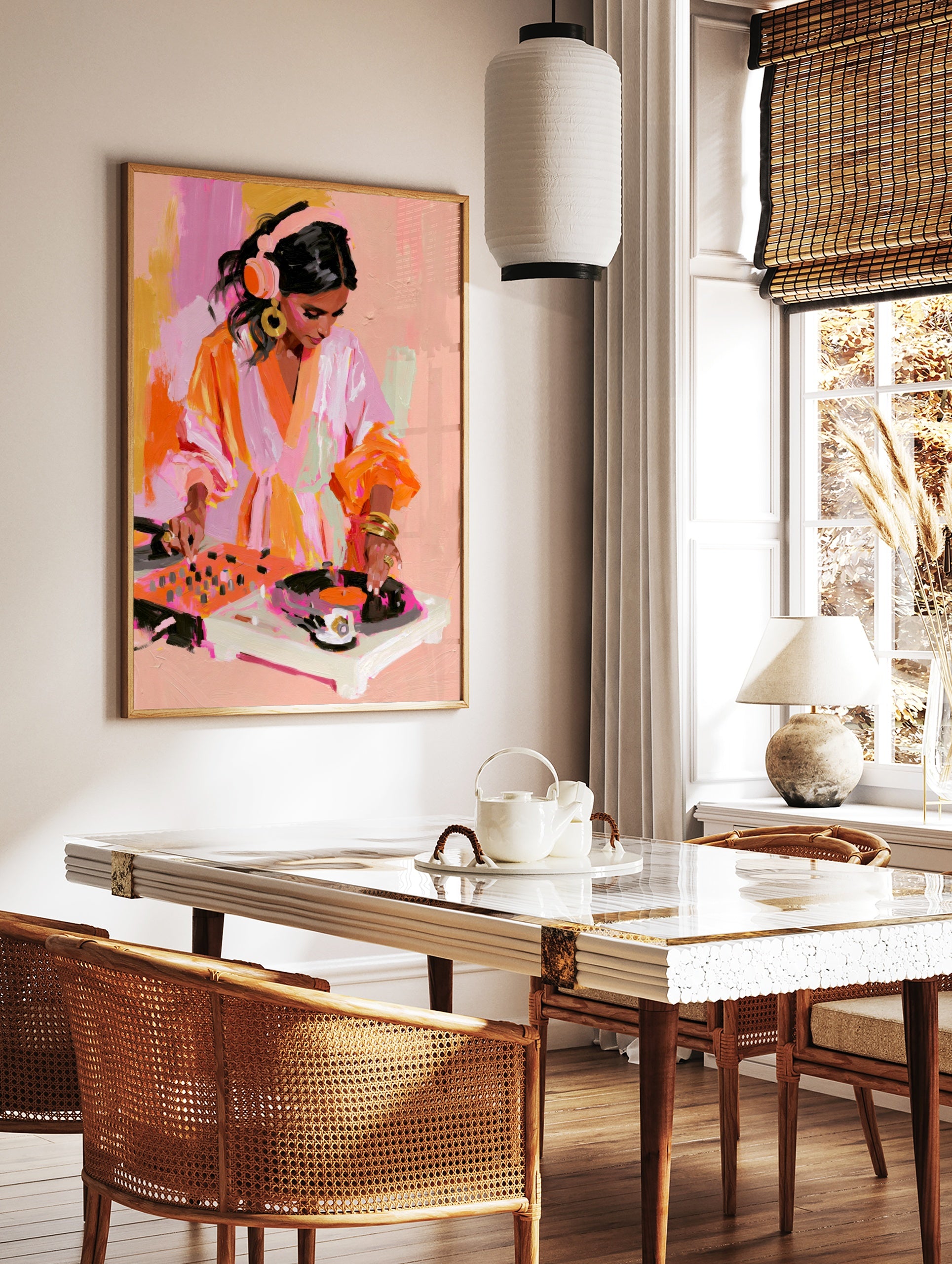 Painterly illustration of a female DJ wearing headphones mixing on turntables in vibrant pink and, in a styled room mockup