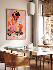 Painterly illustration of a female DJ wearing headphones mixing on turntables in vibrant pink and, in a styled room mockup