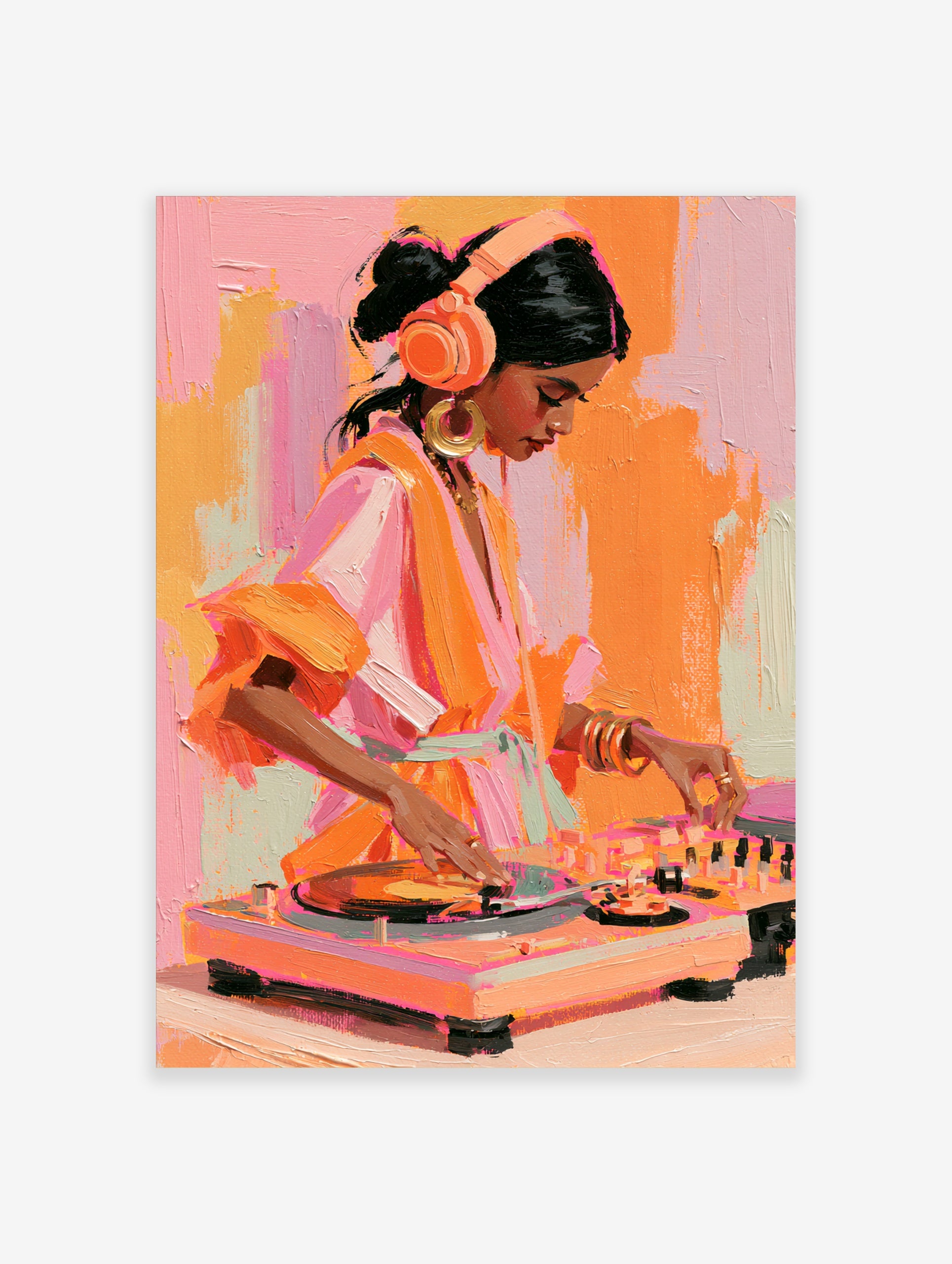 Painterly illustration of a female DJ with headphones mixing music, in vibrant shades of orange and pink