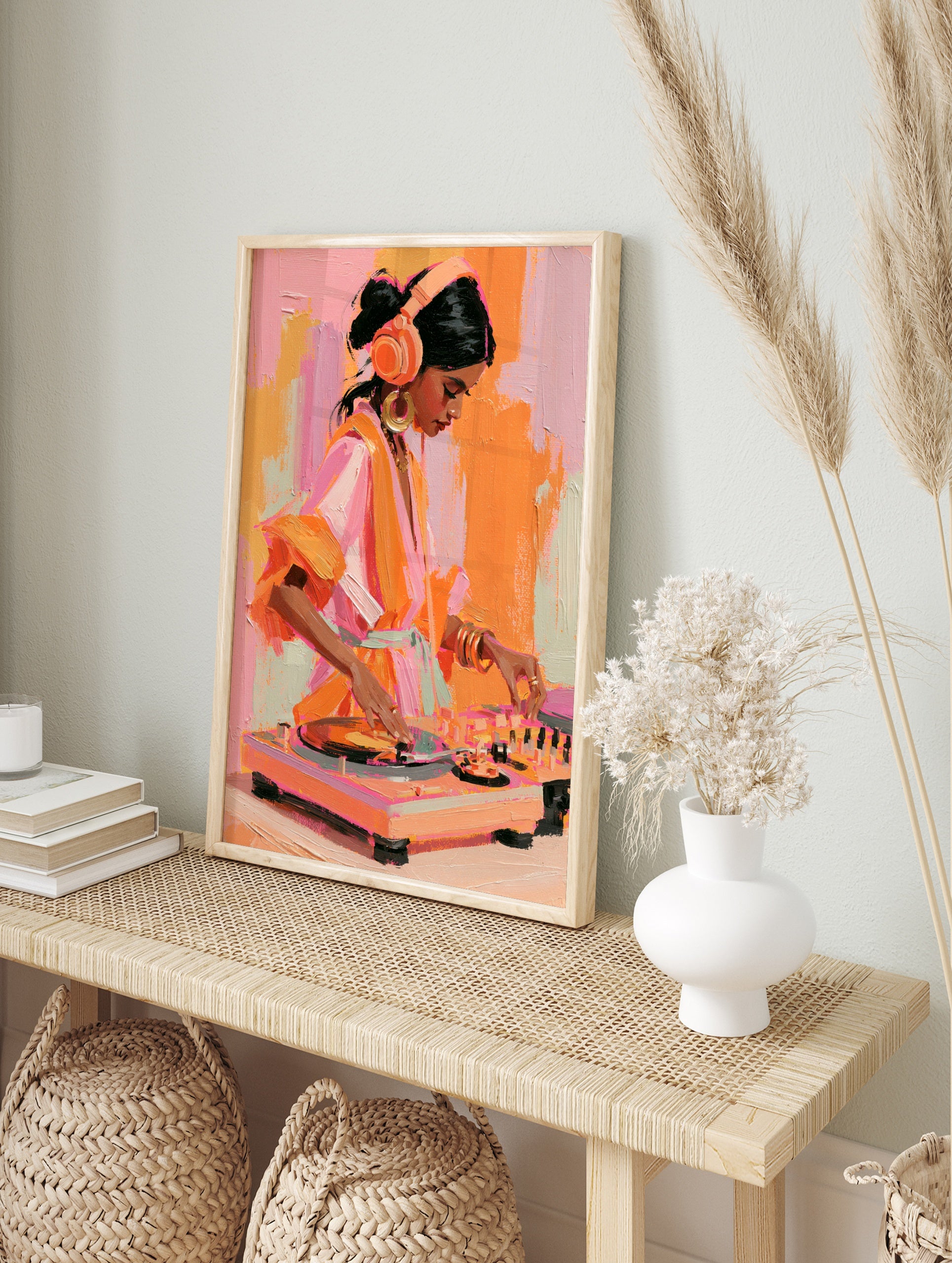 Painterly illustration of a female DJ with headphones mixing music, in vibrant shades of, in an alternate framed mockup