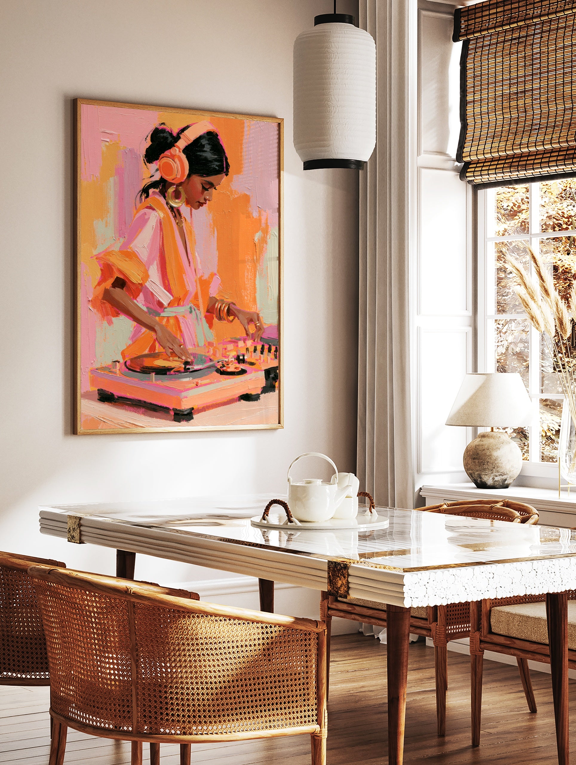 Painterly illustration of a female DJ with headphones mixing music, in vibrant shades of orange and, in a styled room mockup