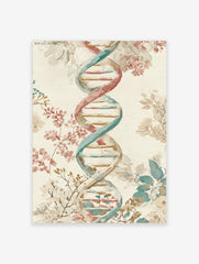 Watercolour DNA double helix with red, teal, and gold tones, surrounded by botanical branches and leaves