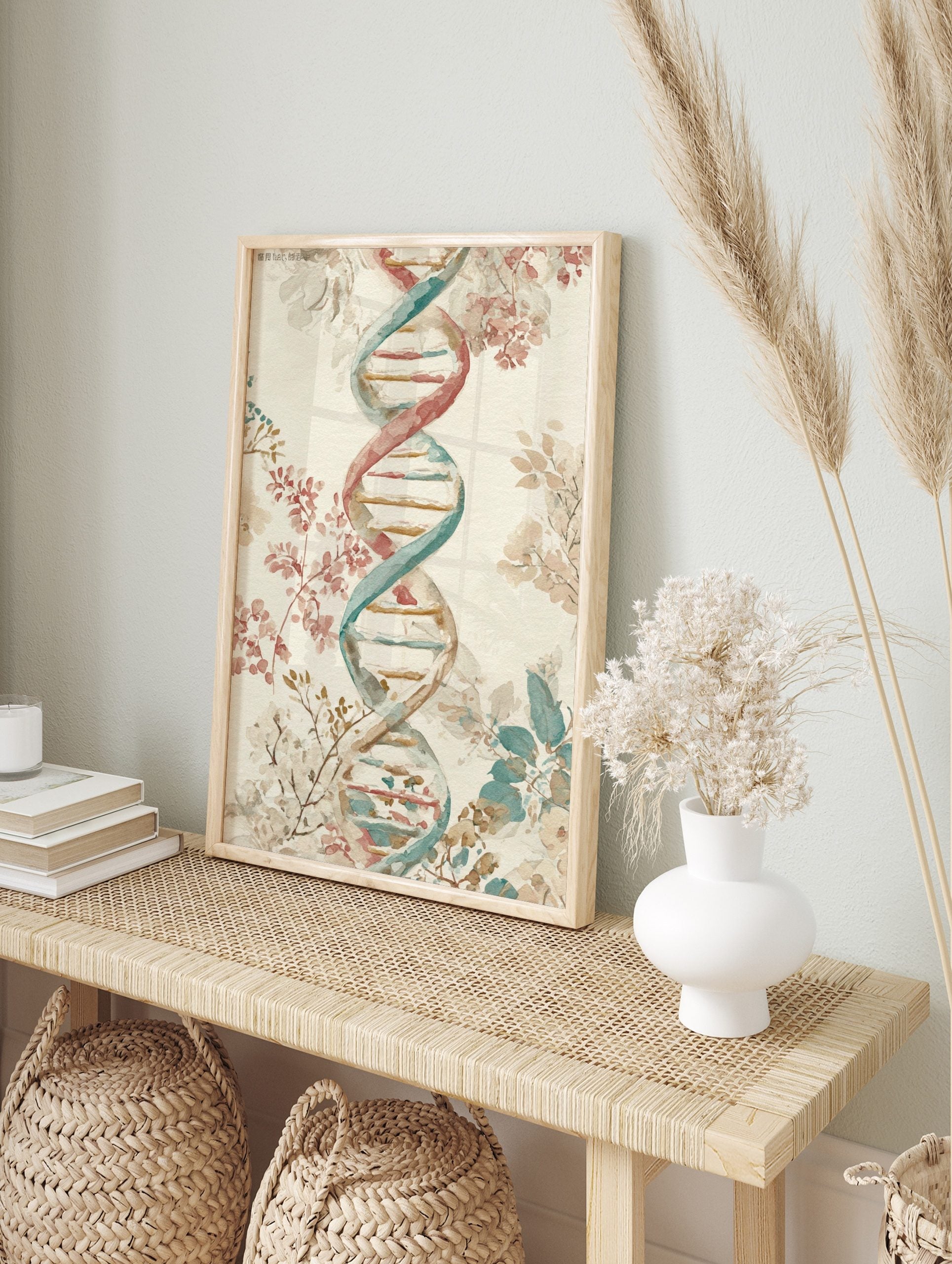 Watercolour DNA double helix with red, teal, and gold tones, surrounded by botanical branches, in an alternate framed mockup