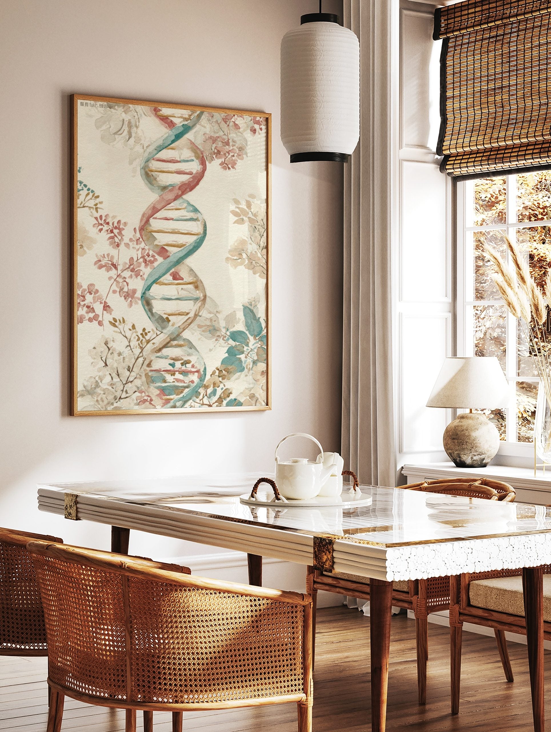 Watercolour DNA double helix with red, teal, and gold tones, surrounded by botanical branches and, in a styled room mockup
