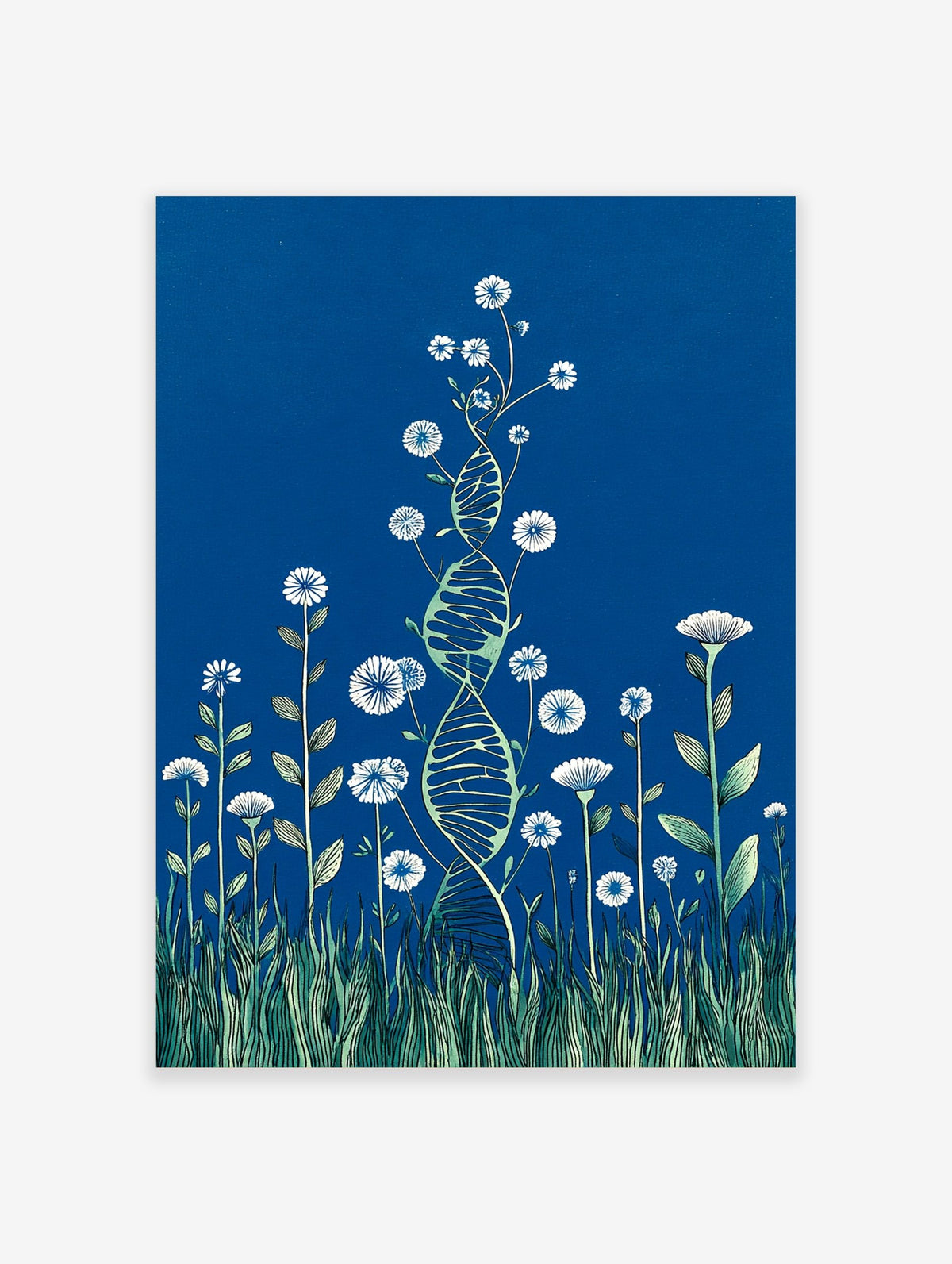 Illustrative DNA helix intertwined with white flowers, green leaves, and grass on a deep blue background