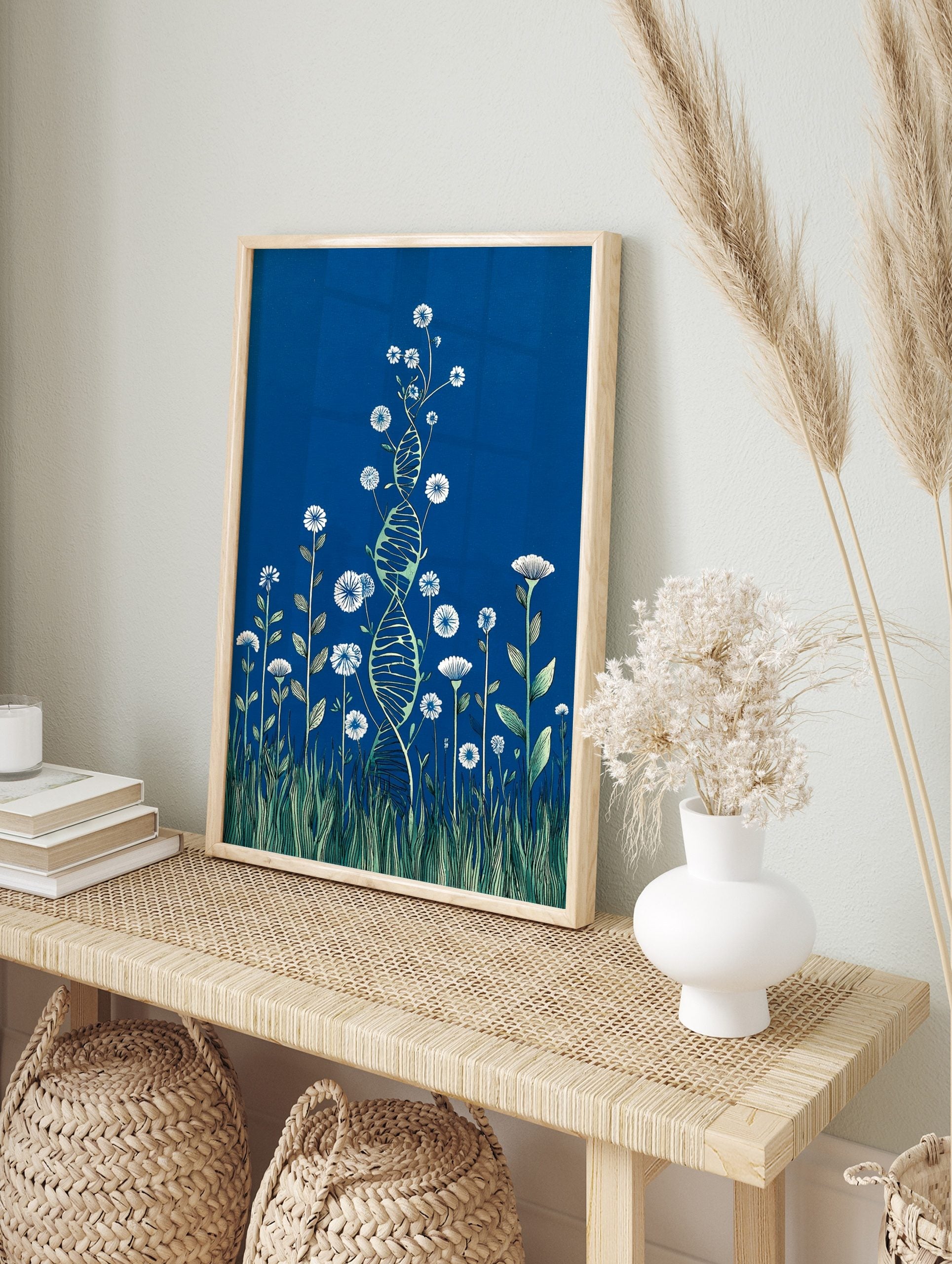 Illustrative DNA helix intertwined with white flowers, green leaves, and grass on a deep blue, in an alternate framed mockup