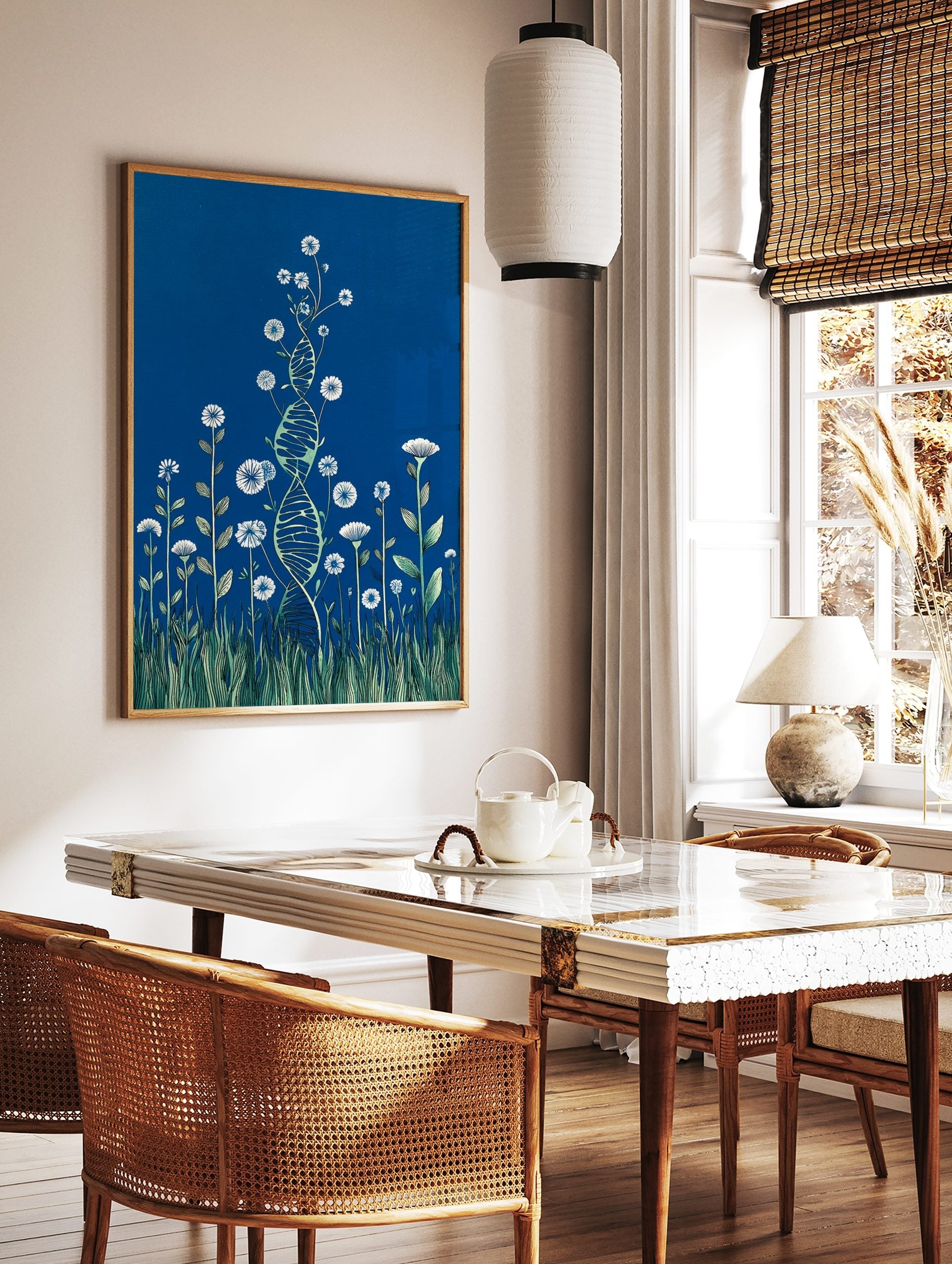 Illustrative DNA helix intertwined with white flowers, green leaves, and grass on a deep blue, in a styled room mockup