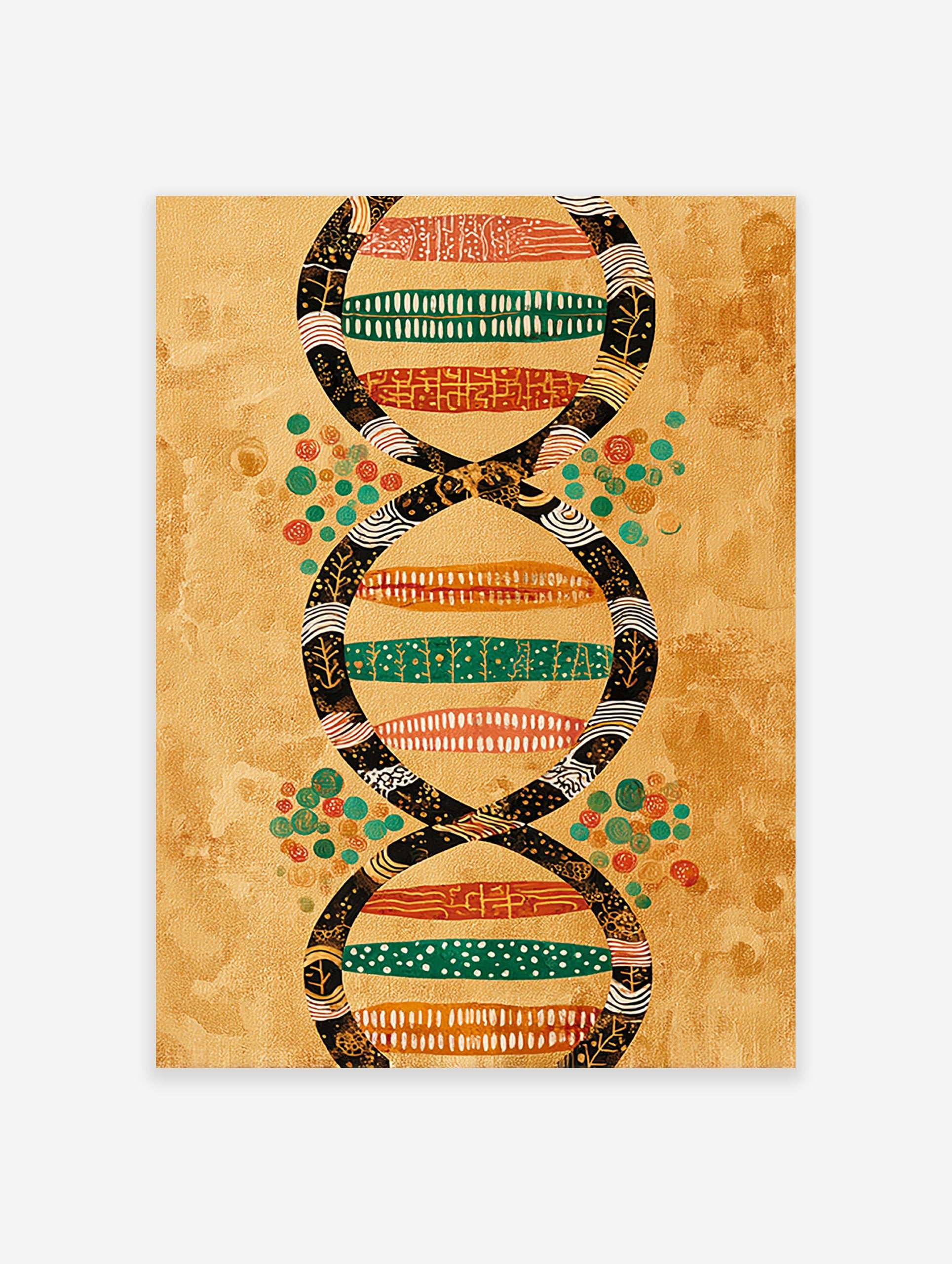 Abstract DNA Wall Art print with a double helix design in black, green, orange, and red patterns on a textured golden background.