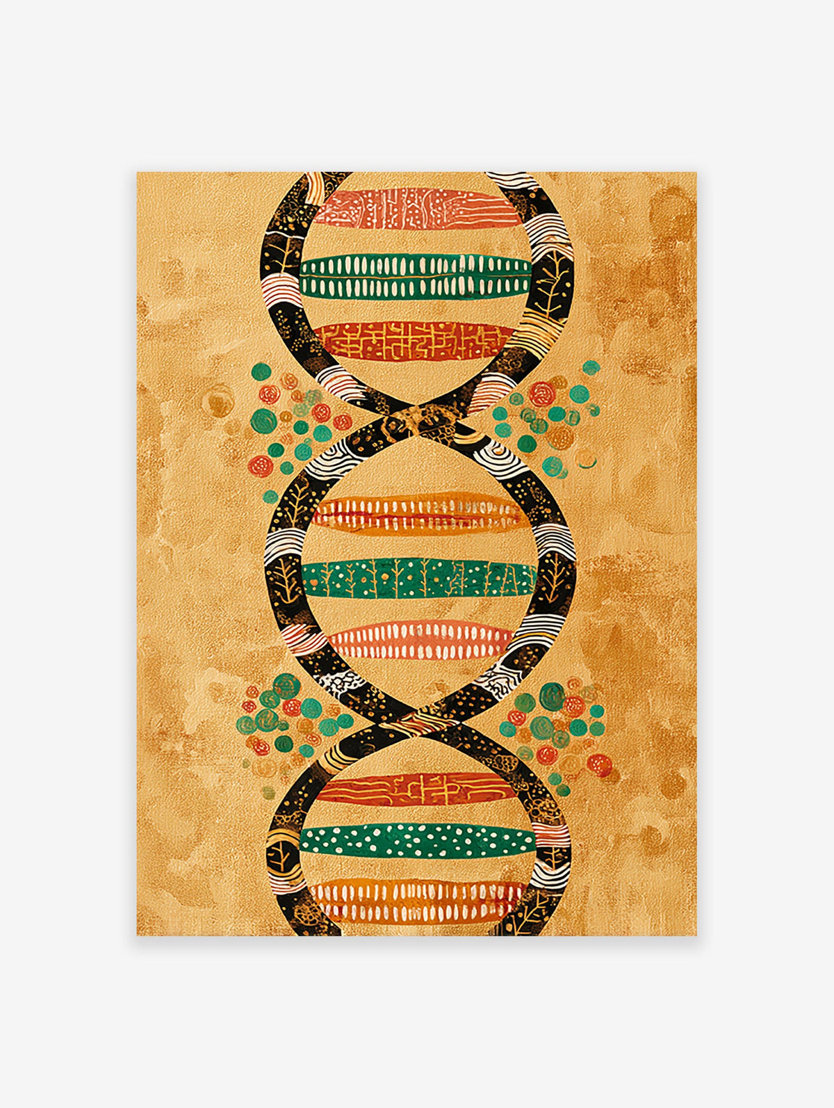Abstract DNA Wall Art print with a double helix design in black, green, orange, and red patterns on a textured golden background.