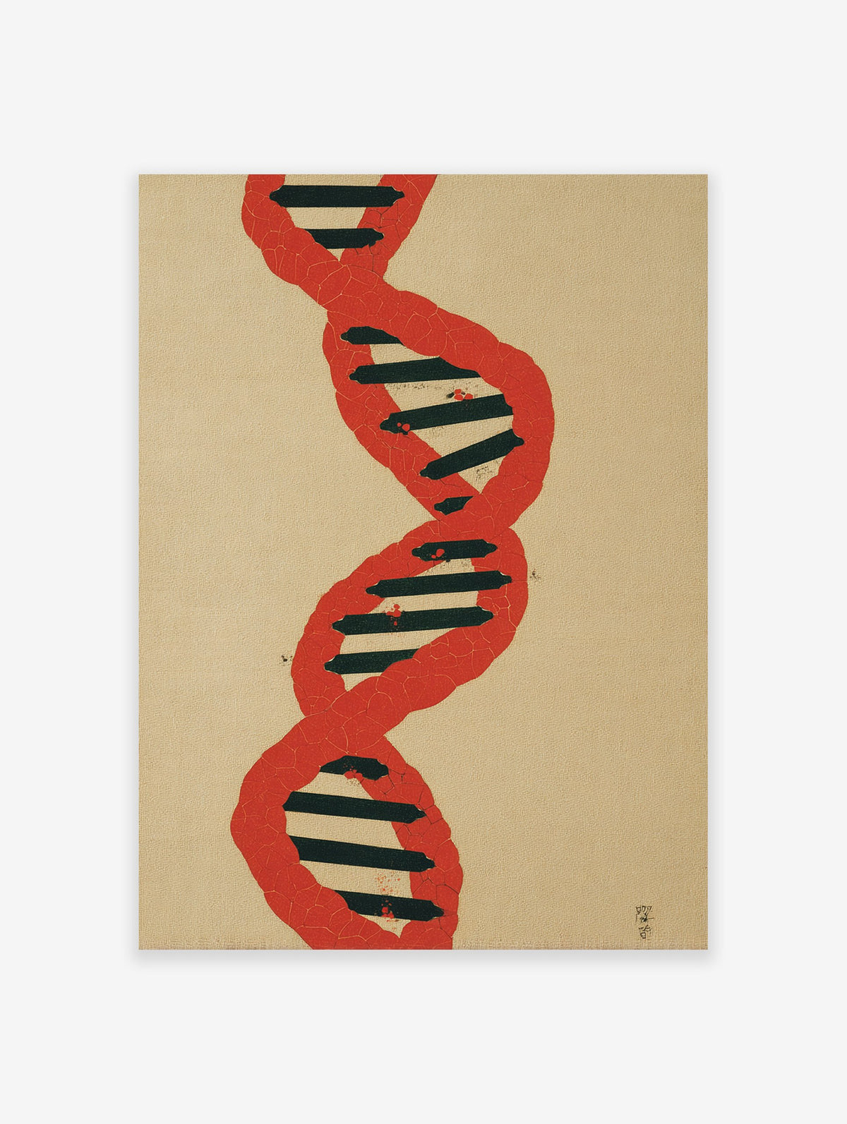 Red and black DNA double helix wall art print on a light beige textured background, featuring a modern scientific design.