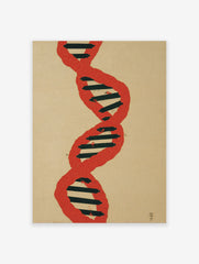 Red and black DNA double helix wall art print on a light beige textured background, featuring a modern scientific design.