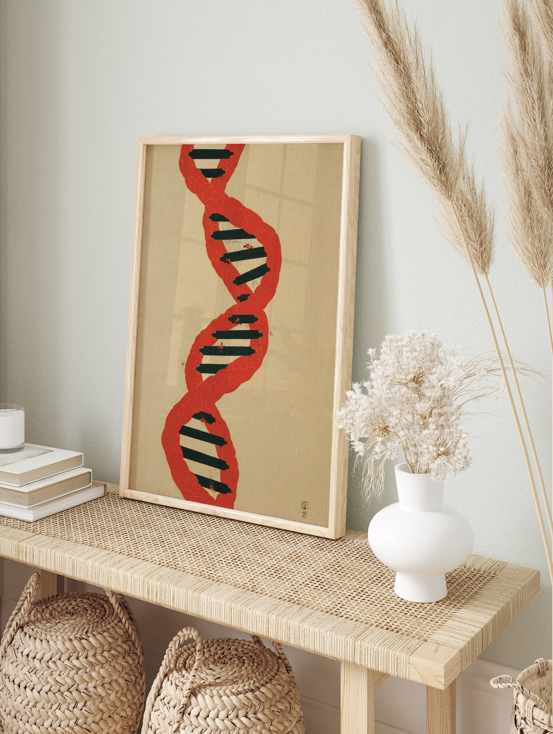 Red and black DNA double helix wall art print on a light beige textured background, featuring a modern scientific design. - Image 3
