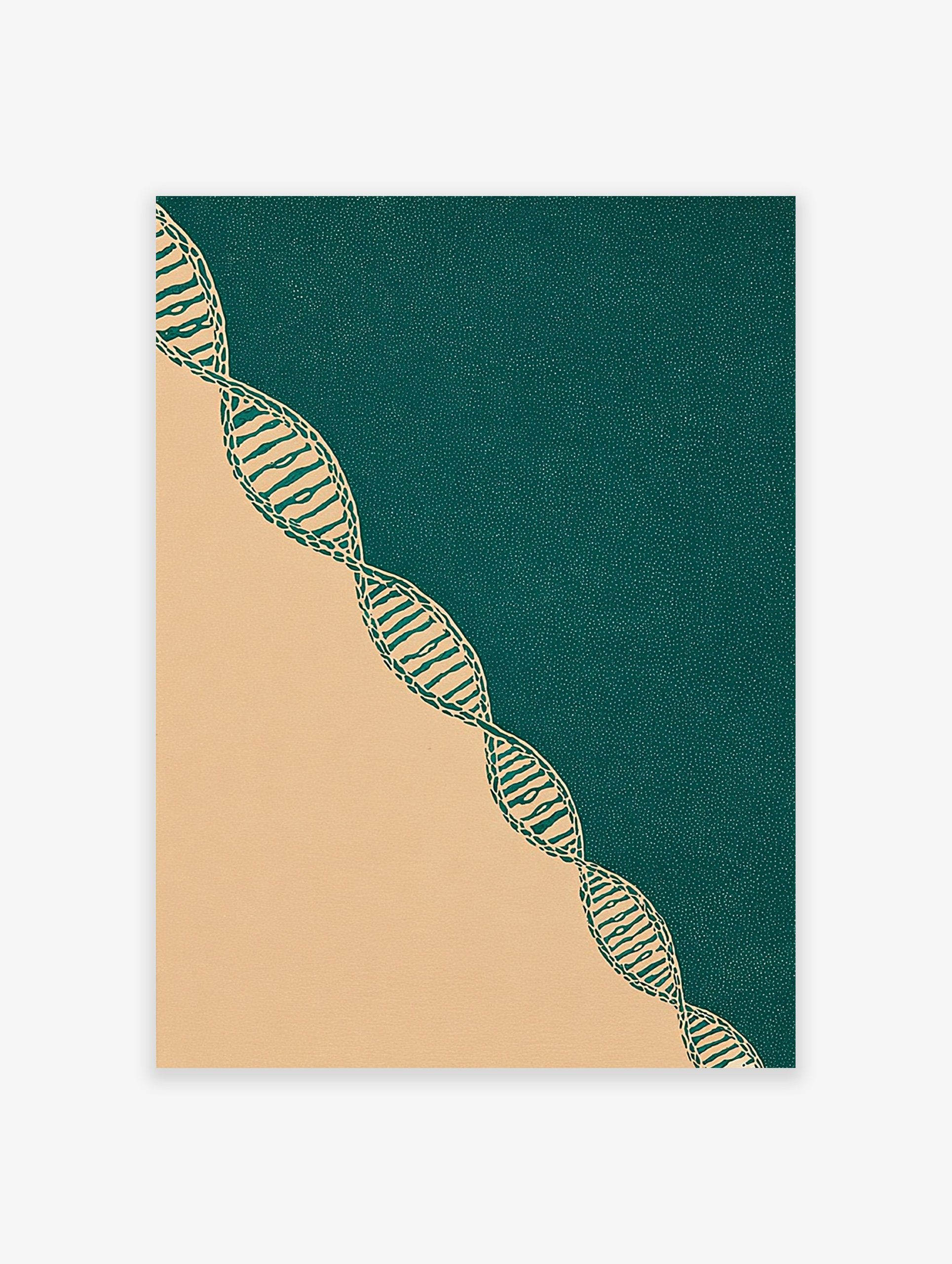 Abstract DNA double helix wall art print with teal and beige diagonal split background and speckled texture.