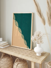 Abstract DNA double helix wall art print with teal and beige diagonal split background and speckled texture. - Image 3