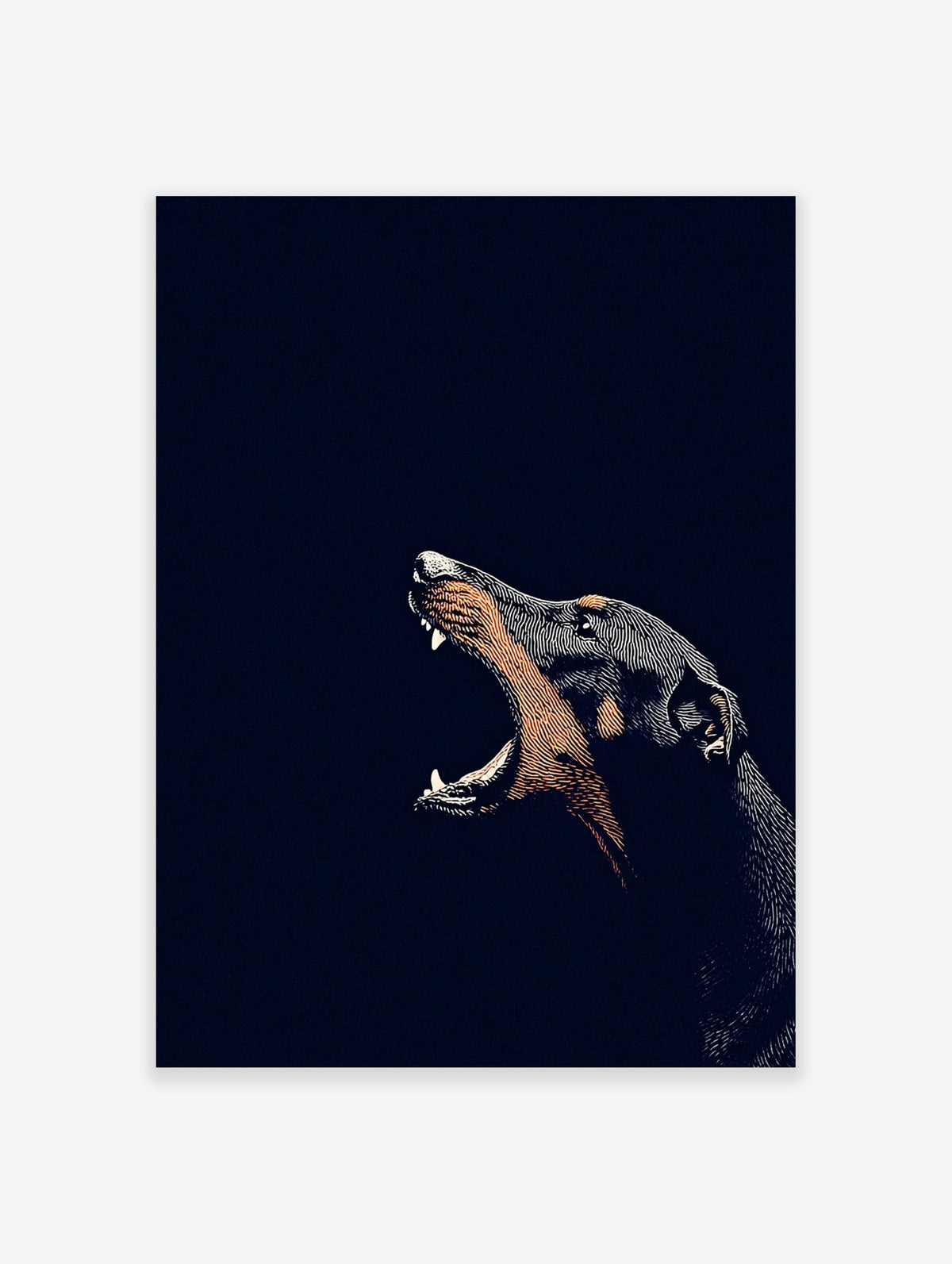 Illustrative Doberman dog barking with mouth open, detailed linework, dark and tan tones on a black background