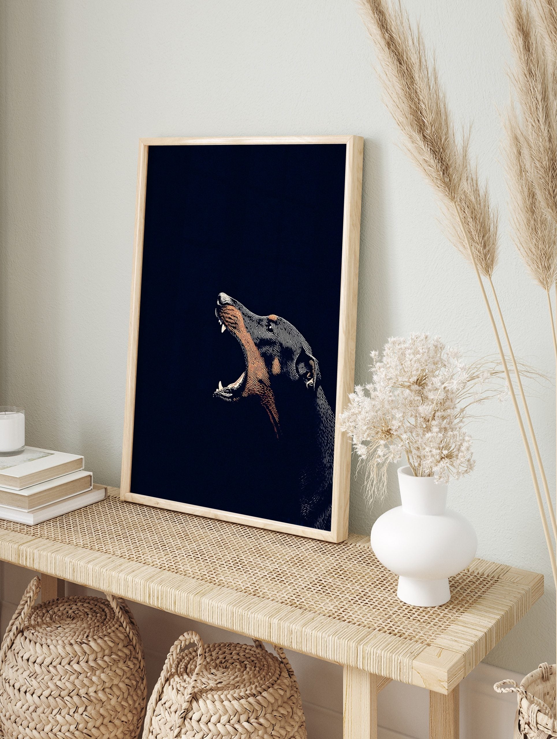 Illustrative Doberman dog barking with mouth open, detailed linework, dark and tan tones on a, in an alternate framed mockup