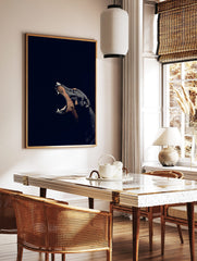 Illustrative Doberman dog barking with mouth open, detailed linework, dark and tan tones on a black, in a styled room mockup