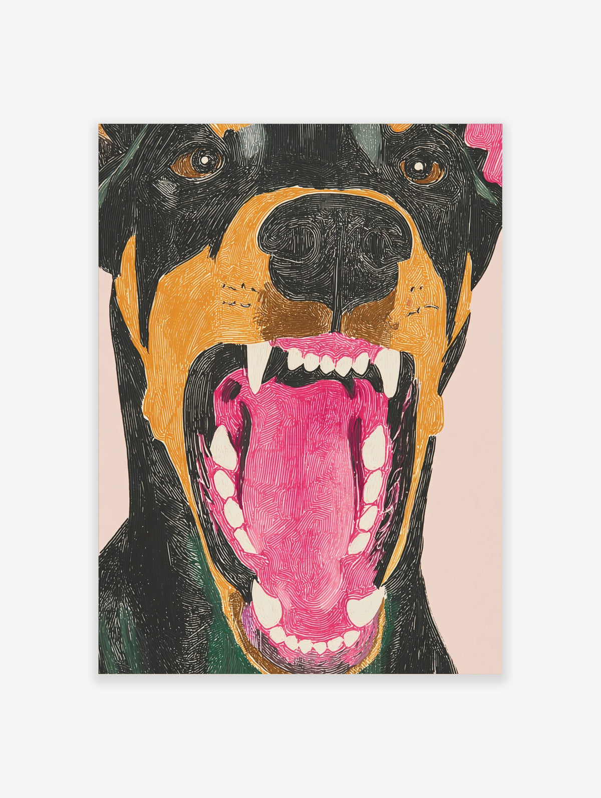 Close-up illustrative Doberman dog snarl wall art with open mouth, white fangs, and pink tongue on a light background