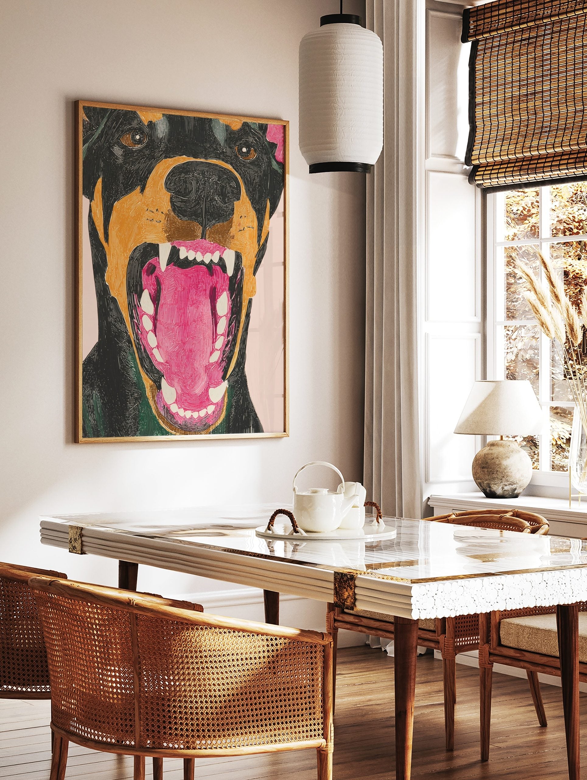Close-up illustrative Doberman dog snarl wall art with open mouth, white fangs, and pink tongue on, in a styled room mockup