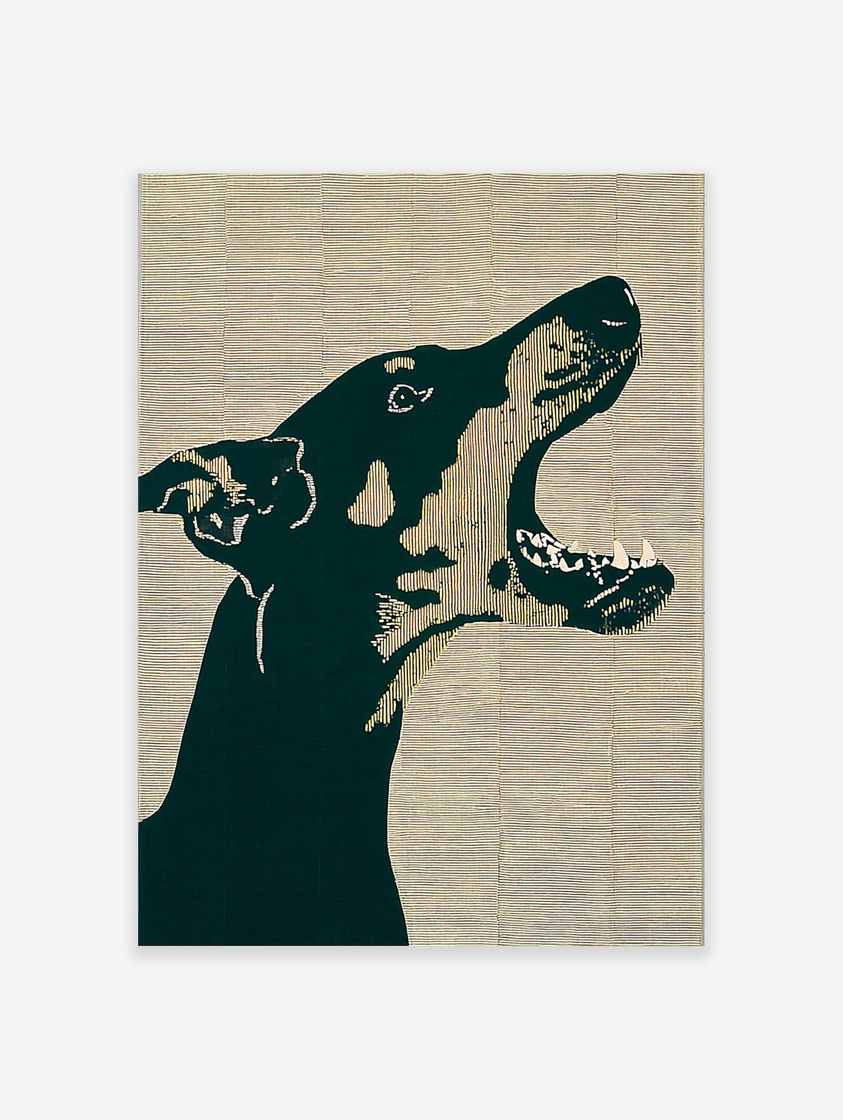 Graphic dark green Doberman dog head barking in profile on a beige lined background art print