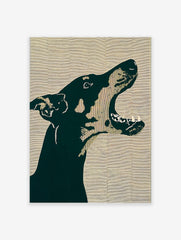 Graphic dark green Doberman dog head barking in profile on a beige lined background art print