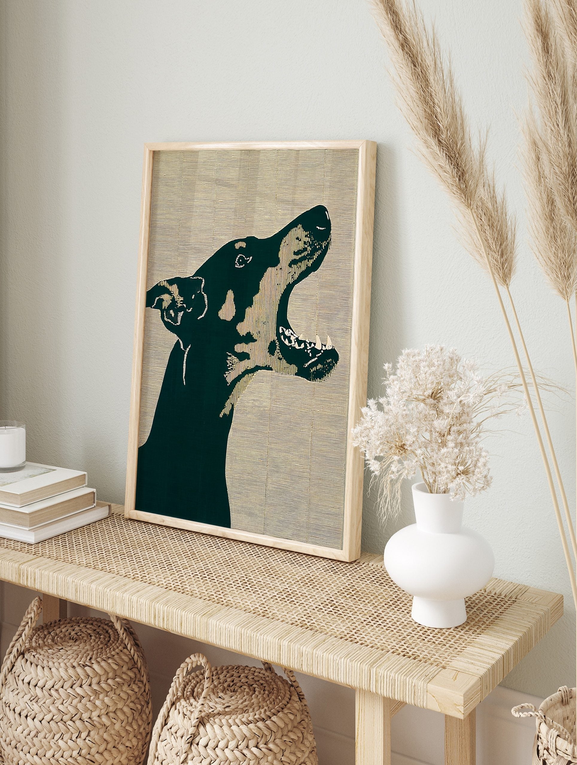 Graphic dark green Doberman dog head barking in profile on a beige lined background art print, in an alternate framed mockup
