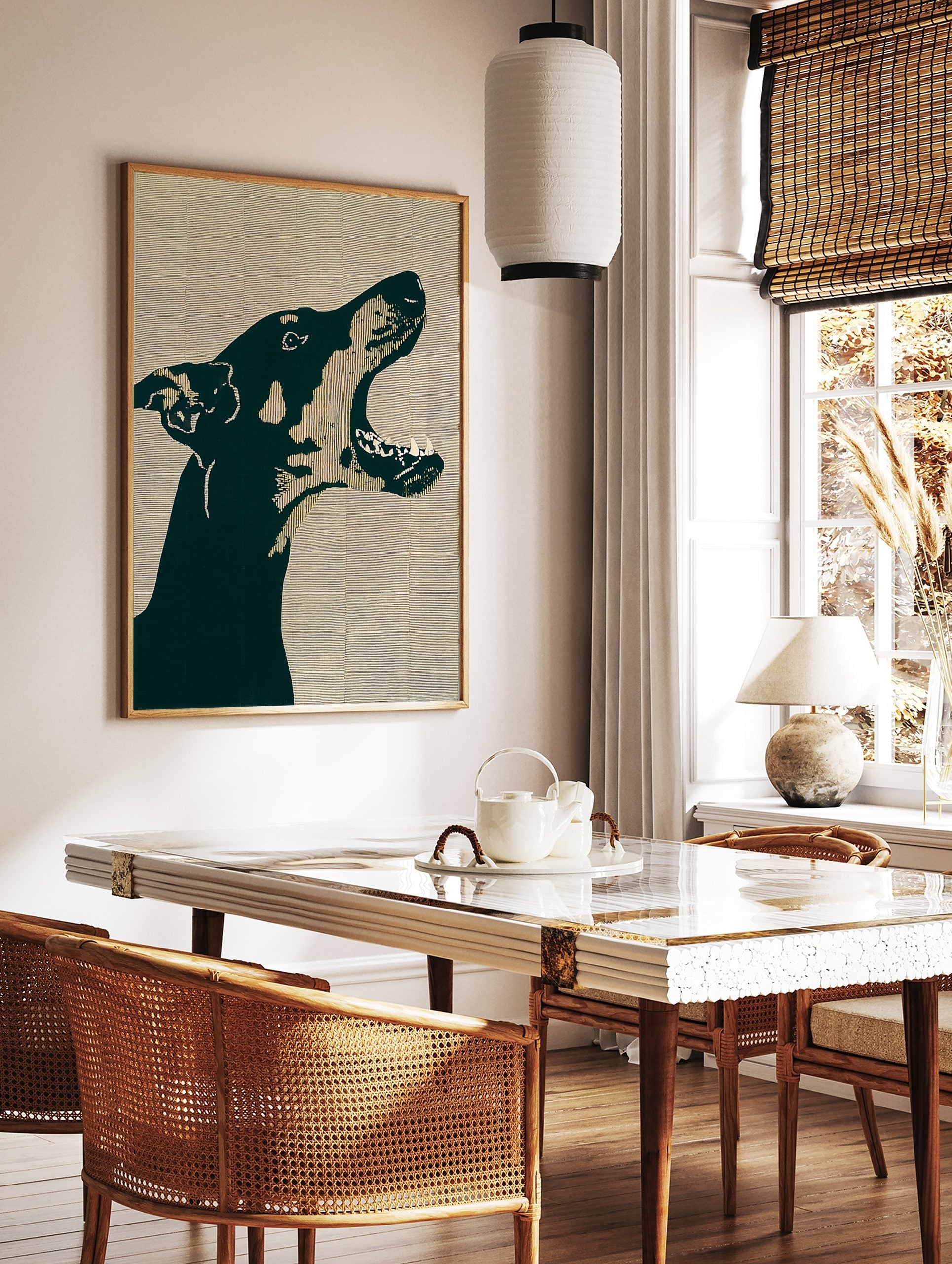 Graphic dark green Doberman dog head barking in profile on a beige lined background art print, in a styled room mockup