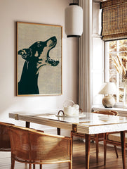 Graphic dark green Doberman dog head barking in profile on a beige lined background art print, in a styled room mockup