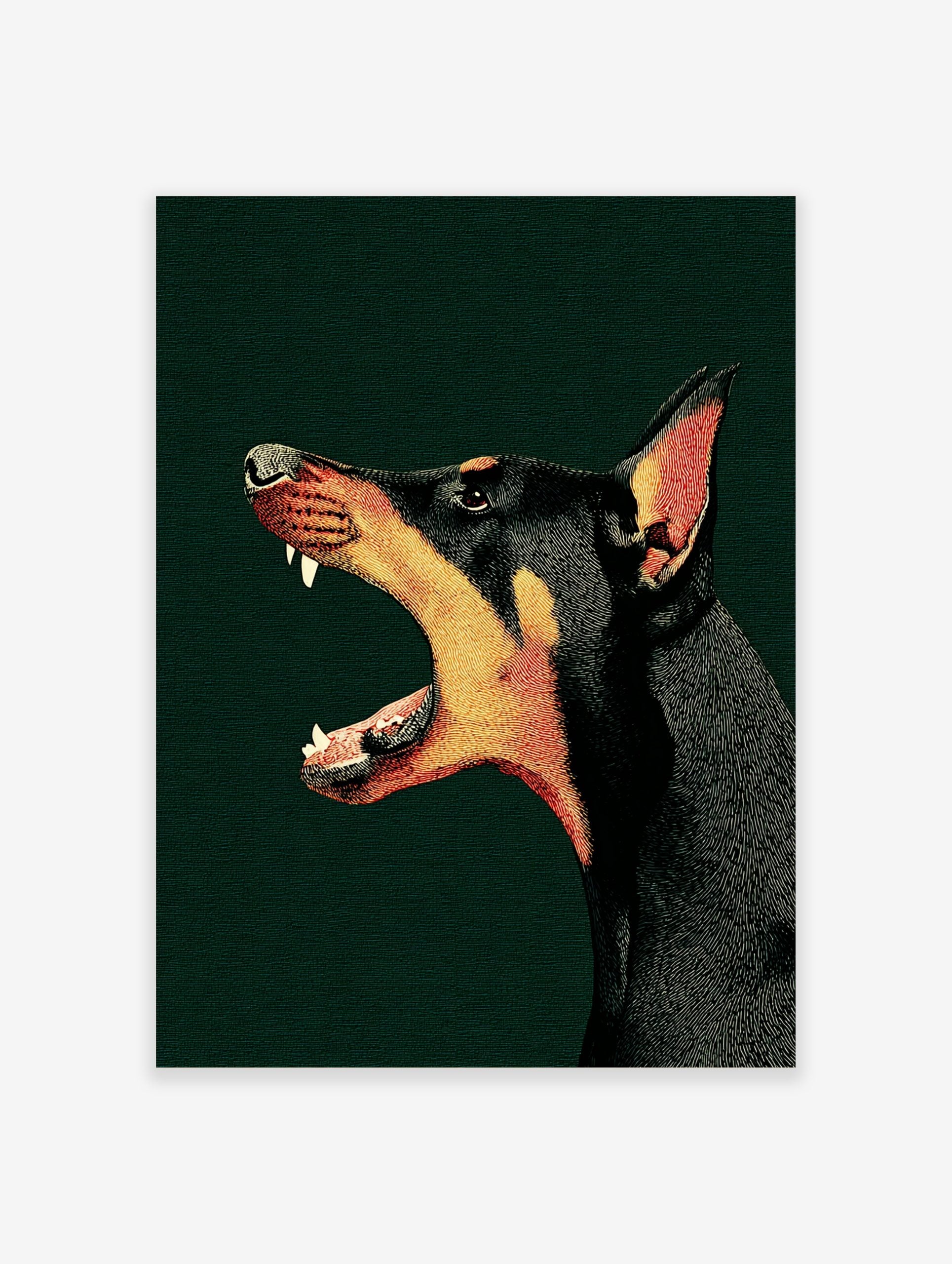 Illustrative Doberman dog head with mouth open, barking, black and tan on dark green textured background