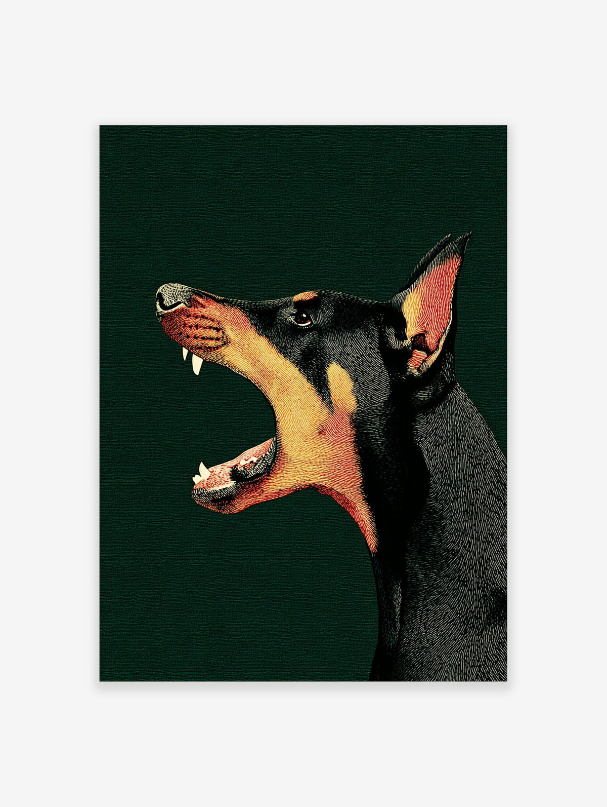 Illustrative Doberman dog head with mouth open, barking, black and tan on dark green textured background