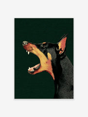 Illustrative Doberman dog head with mouth open, barking, black and tan on dark green textured background