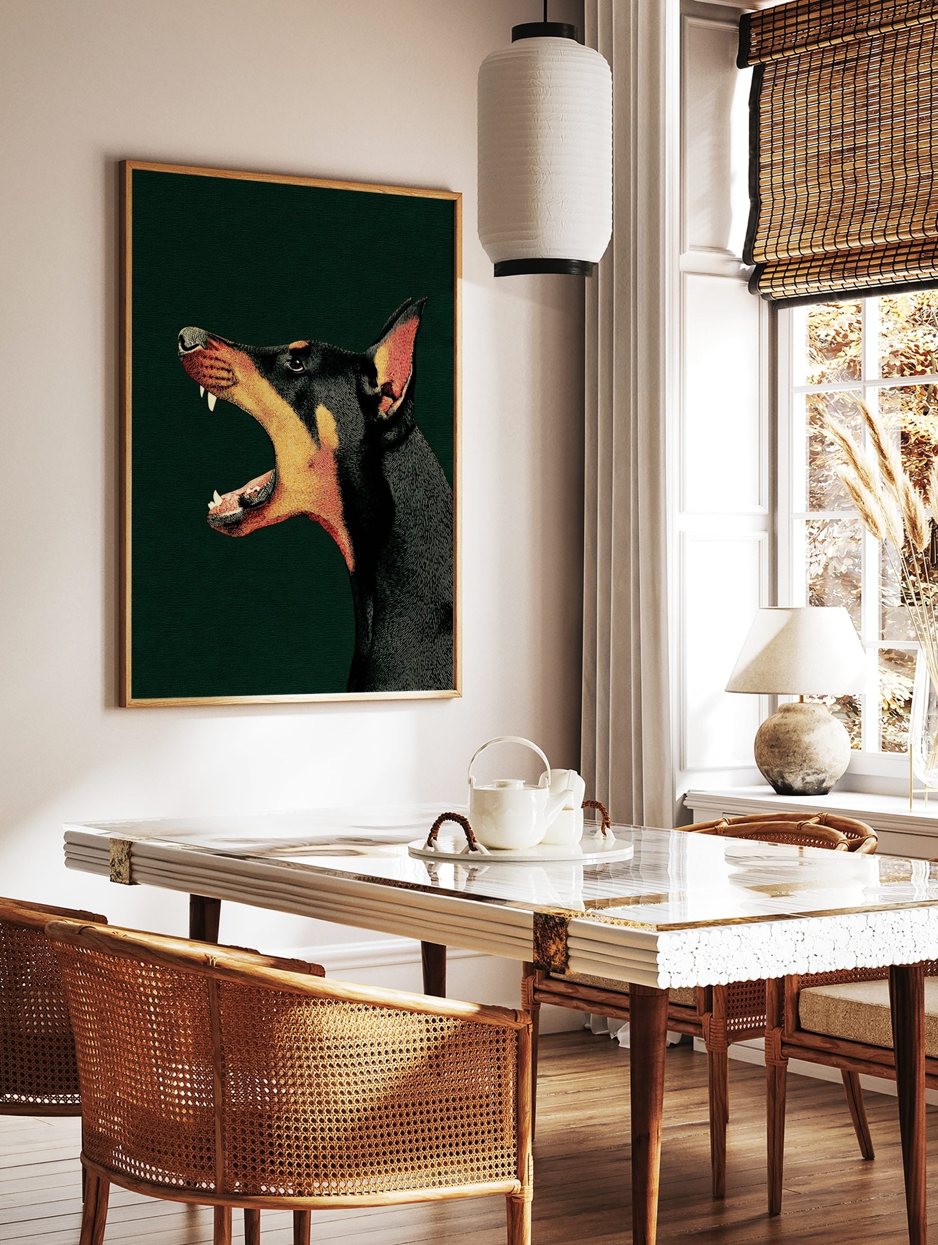 Illustrative Doberman dog head with mouth open, barking, black and tan on dark green textured, in a styled room mockup