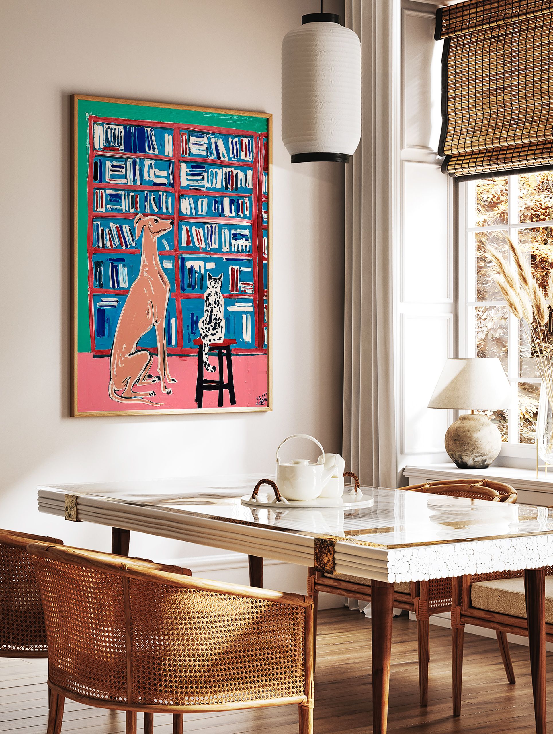 Modern painting of a peach dog and spotted cat in a blue bookshelf room with pink floor and green wall, animal wall art. - Image 2