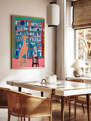 Modern painting of a peach dog and spotted cat in a blue bookshelf room with pink floor and green wall, animal wall art. - Image 2