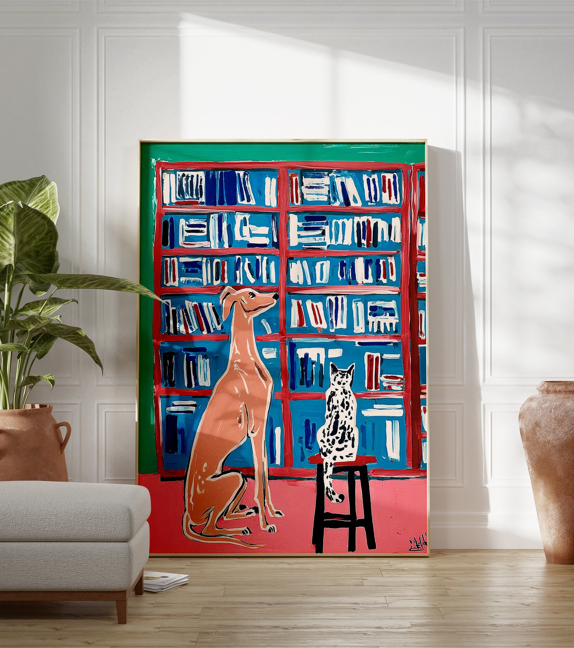 Modern painting of a peach dog and spotted cat in a blue bookshelf room with pink floor and green wall, animal wall art. - Image 3