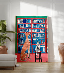 Modern painting of a peach dog and spotted cat in a blue bookshelf room with pink floor and green wall, animal wall art. - Image 3