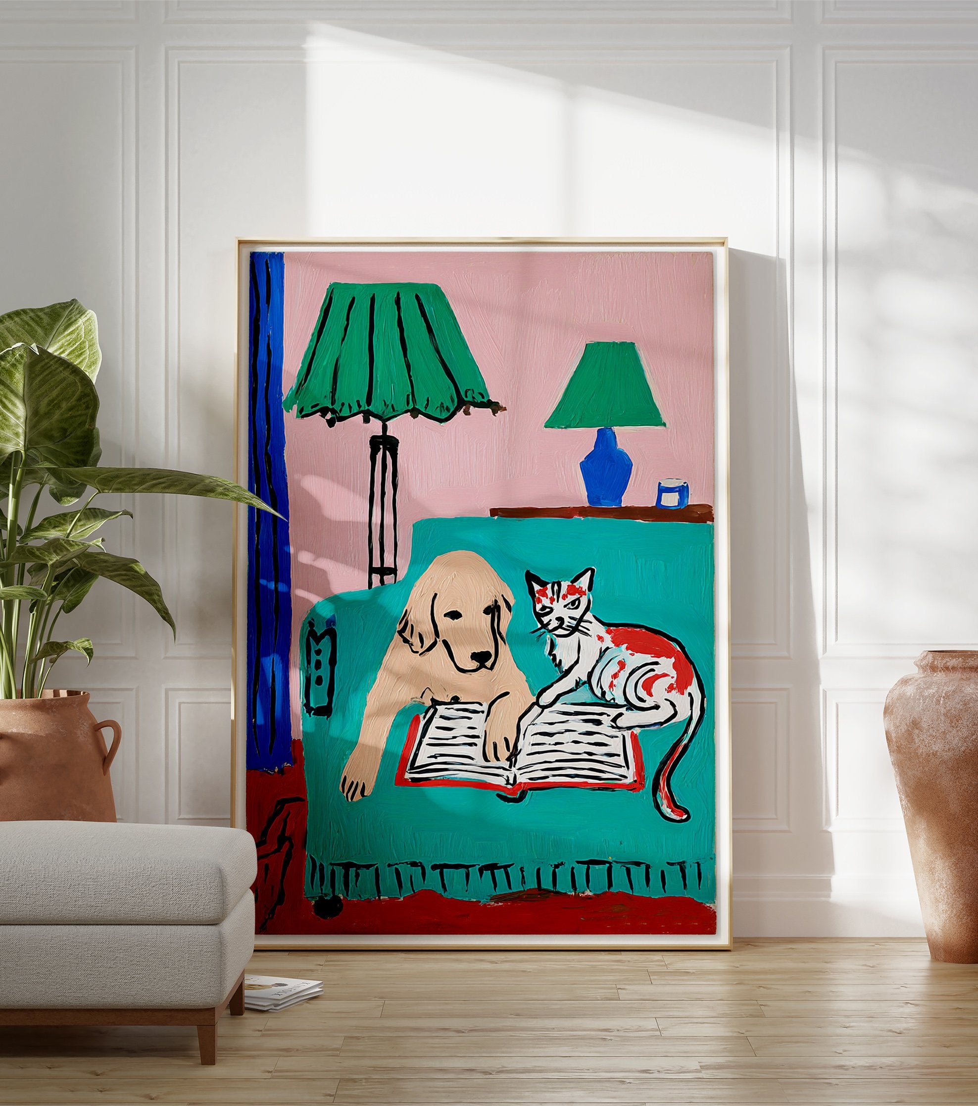 Colorful dog and cat reading a book on a teal couch under green lamps, a whimsical pet illustration art print. - Image 3