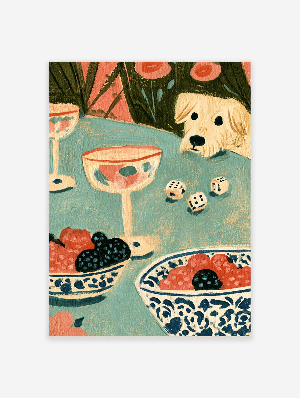Painterly poster of a cream dog peeking over a teal table with cocktail glasses, dice, and berry bowls