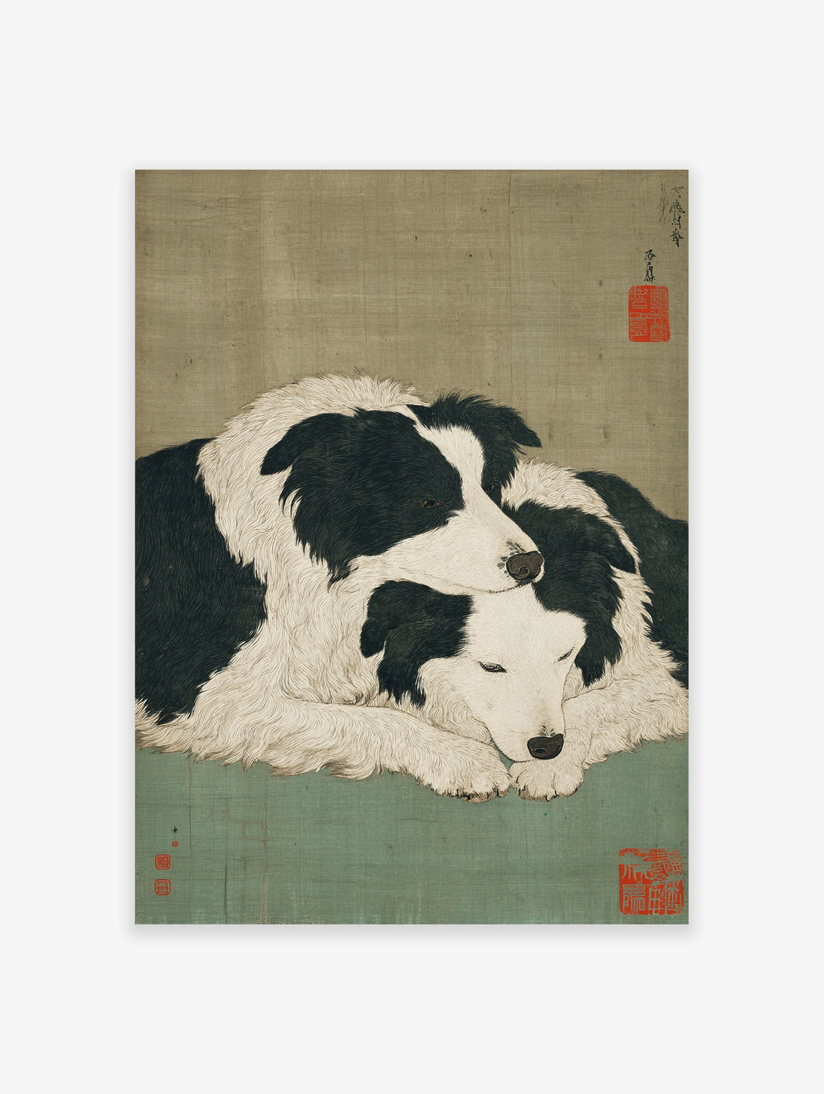 Japanese style dog art print showing two black and white Border Collies cuddling on a muted green background.