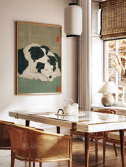 Japanese style dog art print showing two black and white Border Collies cuddling on a muted green background. - Image 2