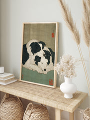 Japanese style dog art print showing two black and white Border Collies cuddling on a muted green background. - Image 3
