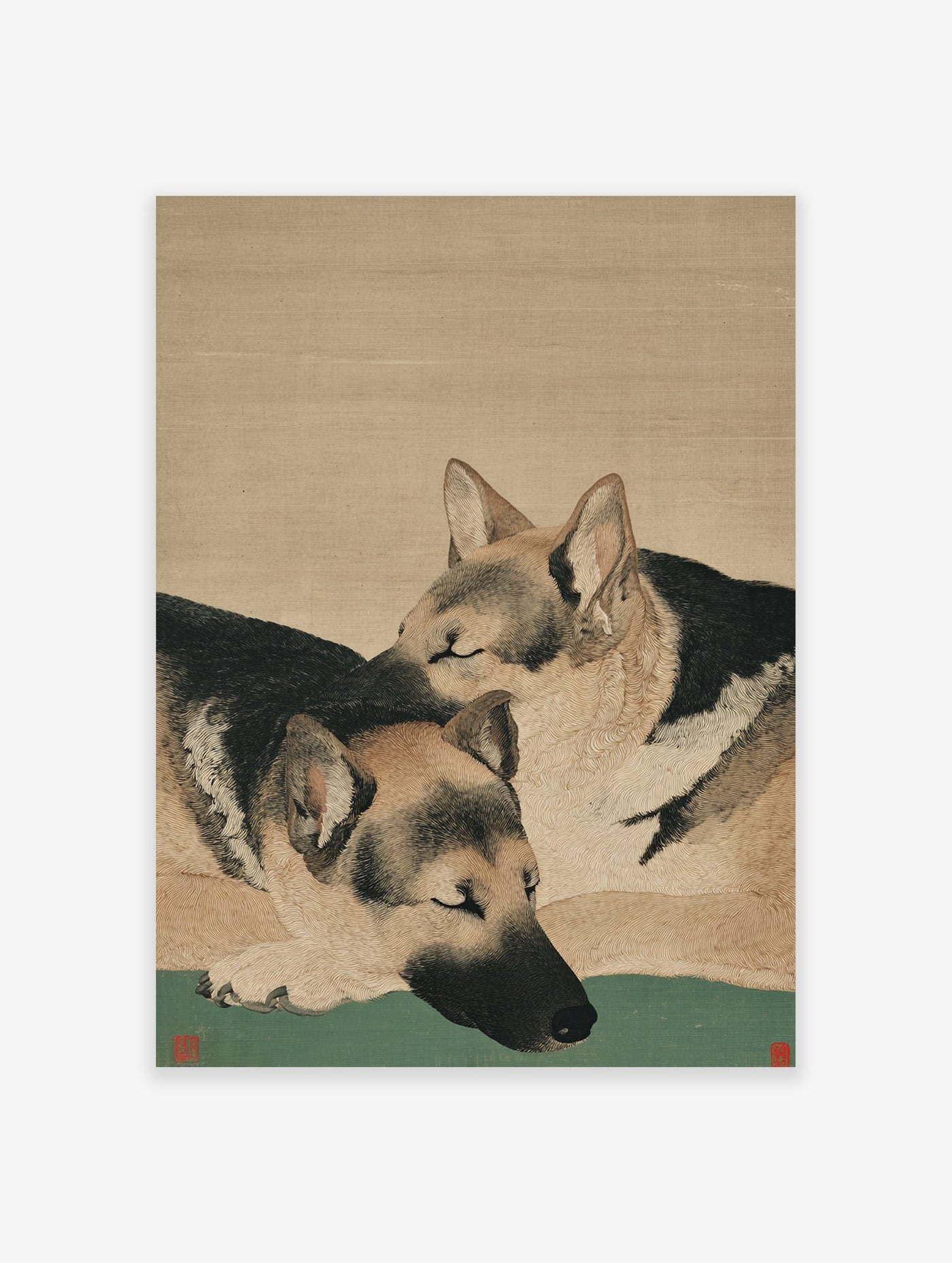 Japanese style dog art print showing two sleeping German Shepherds on a green and beige background.