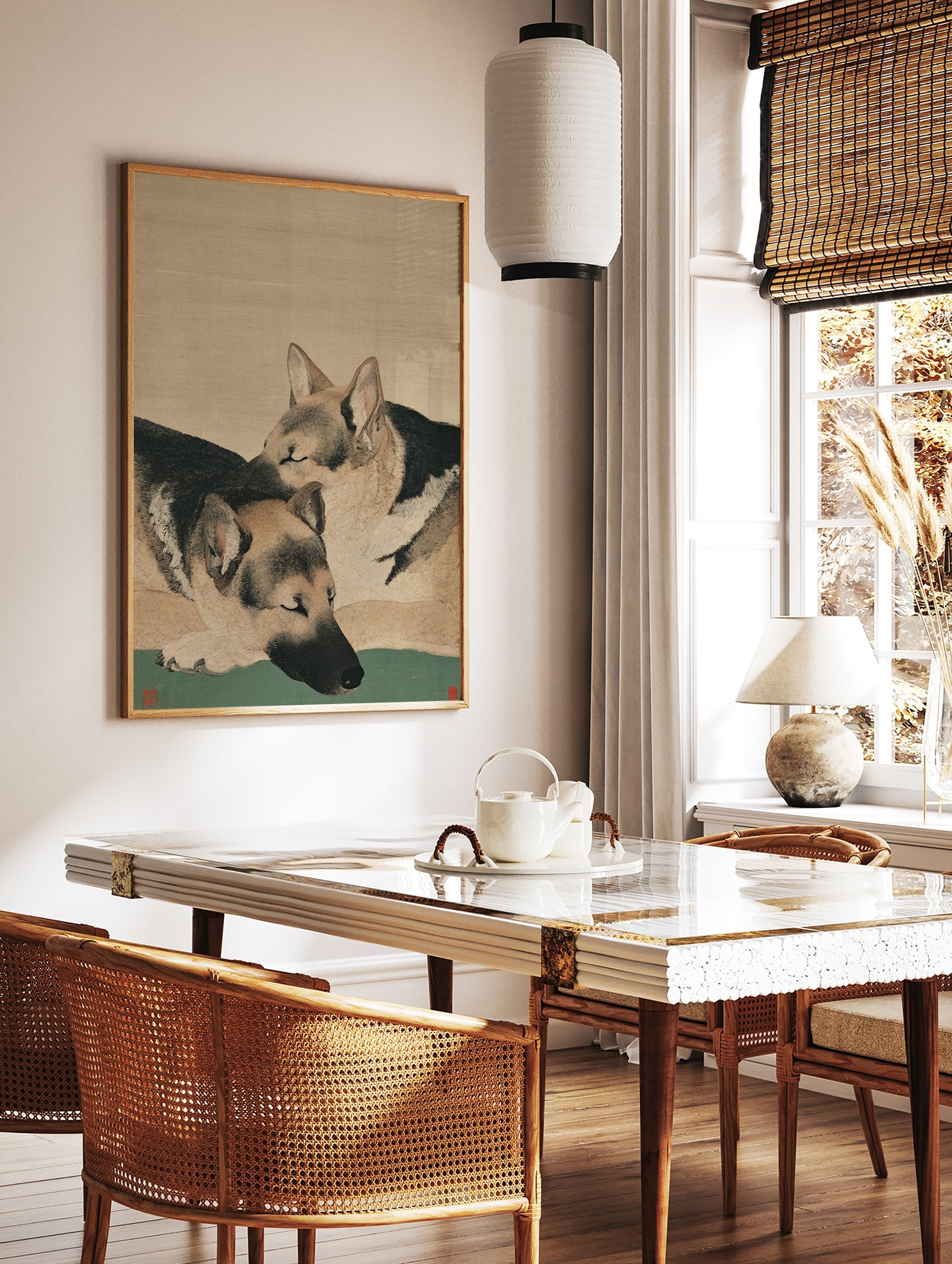 Japanese style dog art print showing two sleeping German Shepherds on a green and beige background. - Image 2