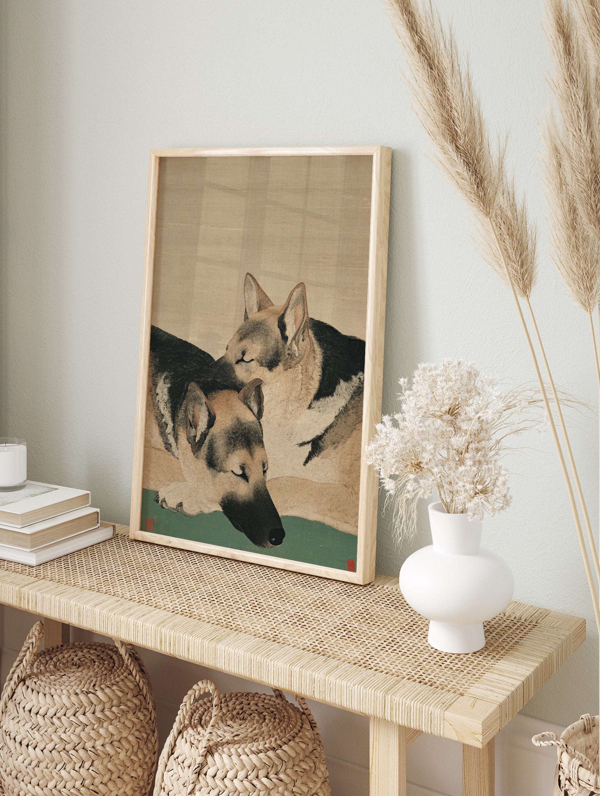 Japanese style dog art print showing two sleeping German Shepherds on a green and beige background. - Image 3