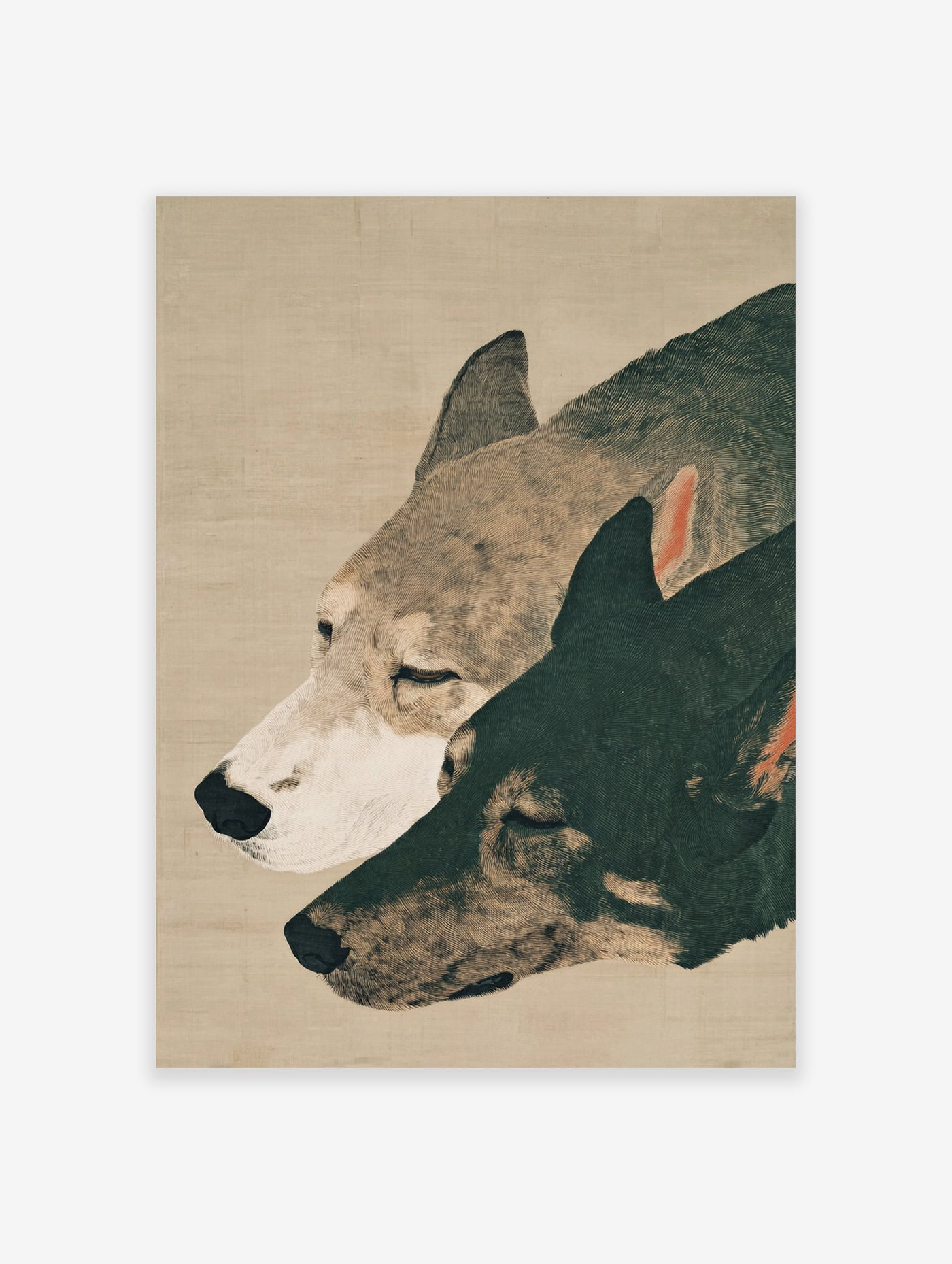 Illustrative dog art print featuring two calm dogs, one light and one dark, with closed eyes on a beige background.